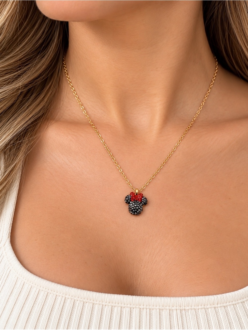 Gold and Red Mouse Pendant Necklace